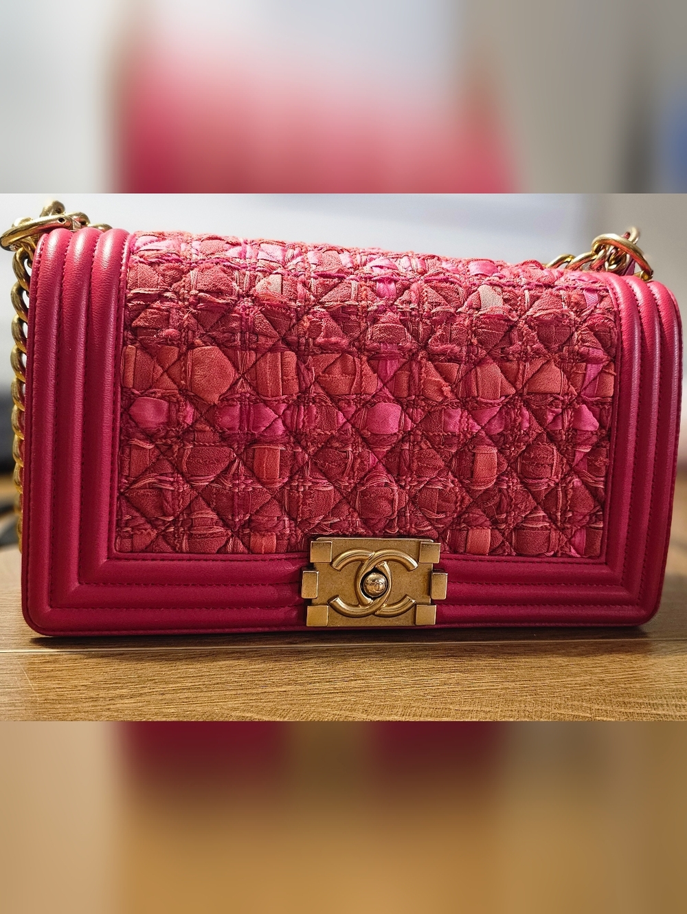 CHANEL Pink Quilted Boy Bag with Gold Hardware